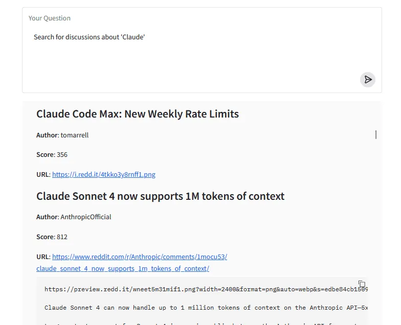 Result of searching through Reddit for discussions about Claude with LangGraph Agent