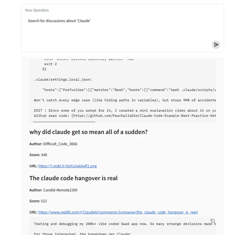 Result of searching through Reddit for discussions about Claude with LlamaIndex